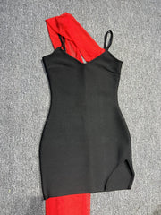 Black Cami Mini Dress With Red Drape Strap