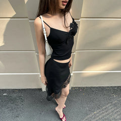 Black Embroidered Crop Top and Irregular Lace Hem Midi Skirt Set