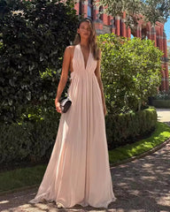 Pink Deep V-neck Backless Halter Maxi Dress