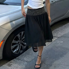 Polka Dot Stud Black Midi Skirt