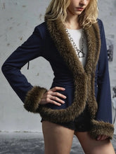 Blue V-Neck Fur Trim Cardigan Jacket