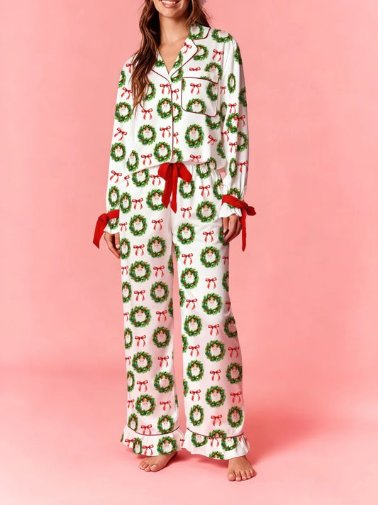 Christmas Wreath Print Shirt And Pants Pajama Set