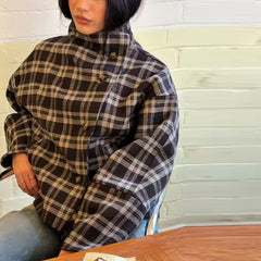 Plaid Asymmetric Button Stand Collar Jacket