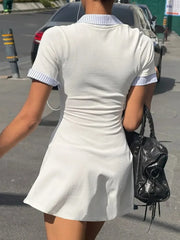Knit Buttoned Collar Short Sleeve Mini Dress