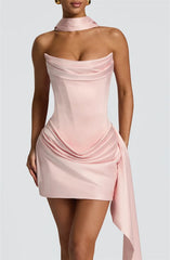 Strapless Draped Ruched Satin Mini Dress