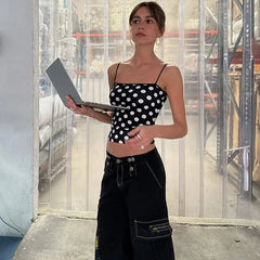Black Polka Dot Cami Top And Mini Skirt Set
