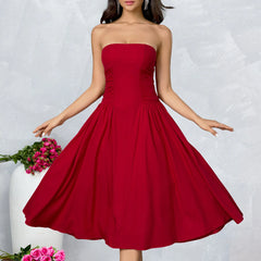 Strapless Solid Flare Red Midi Dress