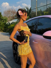 Yellow Sequin Beaded Tassel Open Back Strappy Mini Dress
