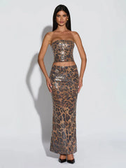 Leopard Print Sequin Strapless Crop Top And Skirt Set