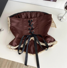 Brown Lace Tie Up Strapless Lace Detail Corset