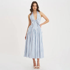 Blue Stripe Deep Halter Maxi Dress