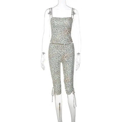 Dalmatian Print Spaghetti Strap Tank Top And Ruched Cropped Pants Set