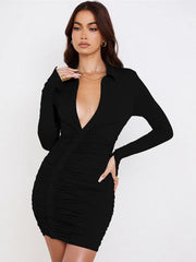 Ruched Bodycon Collar Asymmetrical Button Mini Dress