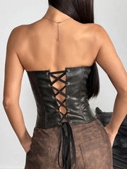 Black Pu Leather Buckle Corset Bustier Top