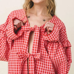 Red Plaid Bow-Tied Top with Ruffled Flare Long Pants Set