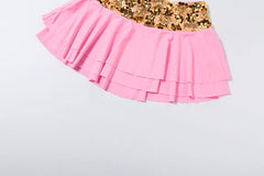 Pink Sequin Halter Tank Top And Tiered Mini Skirt Set