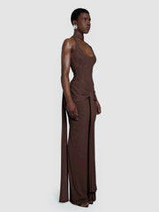 Brown Halter Neck Tie Up Folds With Neck Scarf  Long Dress