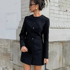 Black Round Neck Long Sleeve Button Up Blazer Mini Dress