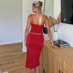 Spaghetti Strap Top And High Waist Ruched Midi Skirt Set