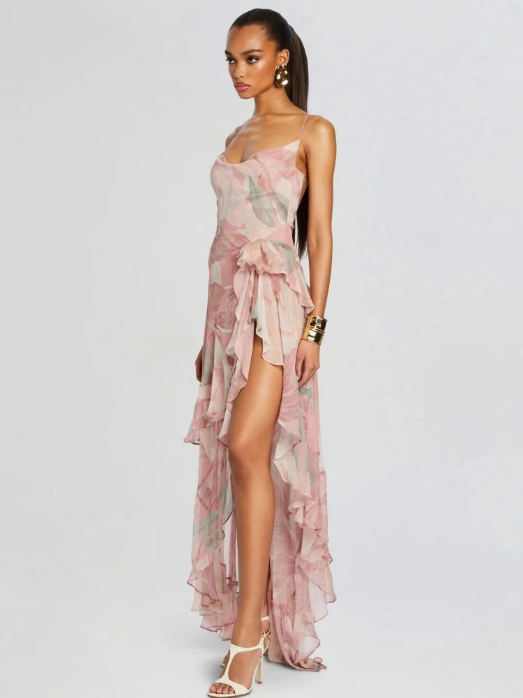 Woman wearing a floral dress with a white background