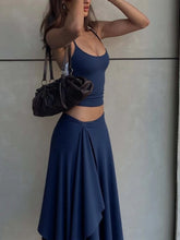 Halter Solid Strap Top And Irregular Stitch Maxi Skirt Set