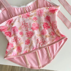 Pink Floral Print Bow Mesh Straps Corset Top