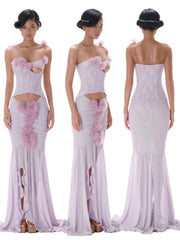 Purple 3d Flower Strapless Slit Cut Out Mesh Maxi Dress