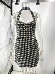 Black Plaid Tweed Halter Dress