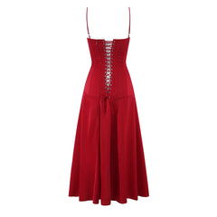 Red Tie-Up Back Corset Slit Midi Dress
