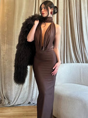 Halter Hollow Out Backless Satin Maxi Dress