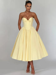 Yellow Strapless A-line Bow Gown Midi Dress