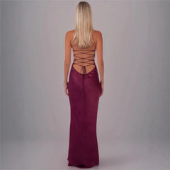 Sequin Strap Lace Up Back Satin Maxi Dress