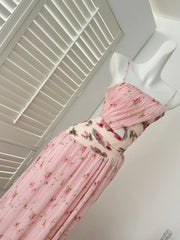Pink Floral Pleated Slip Long Dress