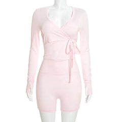Long Sleeve V Neck Tie-Up Top And Cycling Shorts Set