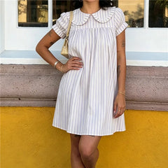 Ruffle Collar Polka Dot/Striped Short Puff Sleeve A-Line Mini Dress