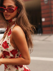 Red Printed Neck Scarf Halter Mini Dress