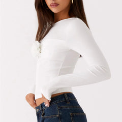 Long Sleeve 3D Flower Round Neck Top