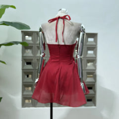 Halter Cut Out Metal Buckle Flare Mini Dress