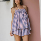 Gingham Plaid Peplum Babydoll Cami Top And Shorts Set