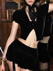Black Mesh Frill 3d Flower Crop Top And Mini Skirt Set