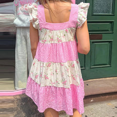 Pink Floral Plaid Patchwork Ruffles Strap Babydoll Mini Dress