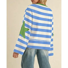 Round Neck Striped Color Star Patch Flare Long Sleeve Pullover