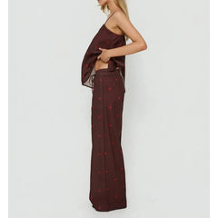 Polka Dot Split Back Cami Top with Drawstring High Waist Wide-Leg Pants Set