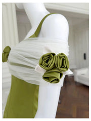 Green Satin Off-shoulder Patchwork Mesh 3d Flower Midi Dress