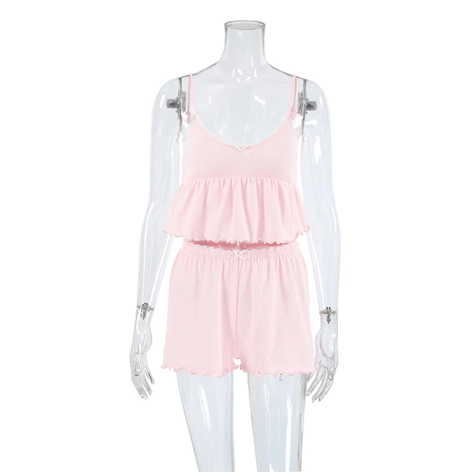 Pink romper on a mannequin against a white background