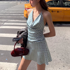Blue Satin Polka Dot Cowl Neck Mini Dress