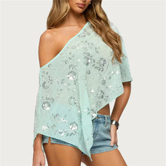 Sequin One Shoulder Sheer Poncho Top