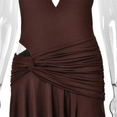 Deep V-Neck Halter Twisted Pleated Waist Irregular Hem Mini Dress