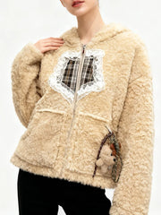 Gingham Teddy Hooded Patchwork Jacket