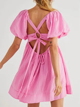 Puff Sleeve Babydoll  Square Neck Tie Back Mini Dress